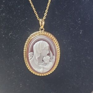 Gold-Tone Cameo Pendant Necklace with Mother and Child Design - White and Brown
